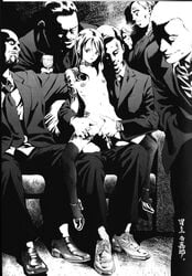 1girls 5boys areola arm_tattoo bare_shoulders black_and_white breasts cigarette collar couch covering_crotch flat_chest high_heels inoue_kiyoshirou lighter mafia nipples no_color penis_piercing petite piercing rings shoes sitting_on_lap small_breasts spread_legs suit tagme tattoo tie watch