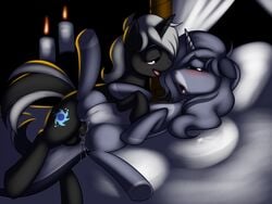 anal anal_sex balls bed blue_eyes blush burning_candles candles cutie_mark equine female fire friendship_is_magic half-closed_eyes horn male mane moan my_little_pony night penetration penis pillow pussy saliva smile smooth_skin straight tail unicorn white_candles