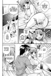 all_fours ass blush comic dog_collar dog_leash extreme_content humiliation like_a_dog monochrome nude oppai public_nudity slider text tied_hair translated tsubakiya_meguru twintails vagina