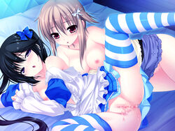 2girls bed black_hair blush brown_hair butterfly_hair_ornament censored game_cg kamishima_kaede lolita_fashion luna_lia makita_maki mecha-con! nipples nopan oppai thighhighs tied_hair twintails vagina yatake_tsubaki