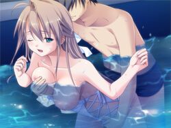 ahoge blonde_hair breast_grab game_cg green_eyes long_hair male mizugi nipples open_mouth oppai sex water