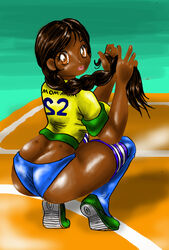 1girls ass brown_eyes brown_hair brown_skin dark-skinned_female dark_skin female plait solo squatting text