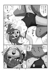 ass_grab blush breast_lick breast_sucking breasts censored comic dark_skin eyebrows hair_bobbles hair_ornament mizugi monochrome nipples nitori_kawashiro oppai page_13 penis short_hair spread_legs strap_slip sukumizu sweat takadoya tanlines tanned thigh_gap tied_hair touhou twintails