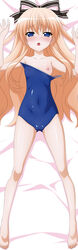 blonde_hair blue_eyes blush dakimakura erect_nipples feet female female_only human mayoi_neko_overrun! mizugi navel nipple_bulge one-piece_swimsuit one_breast_out open_mouth over_drive overdrive pointy_chin solo sugimura_tomokazu thigh_gap toes umenomori_chise wave_ride