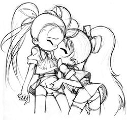 2girls bleedman blush closed_eyes female kissing long_hair masturbation multiple_girls panty ponytail ribbon sketch skirt spread_legs tied_hair yuri