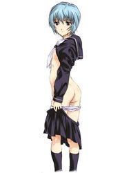 blue_hair breasts clothing expressionless female flat_chest looking_at_viewer neon_genesis_evangelion nipples panties panty_pull partially_undressed red_eyes rei_ayanami school_uniform serafuku shirt shirt_lift short_hair skirt skirt_removed solo suzuki24 underwear undressing