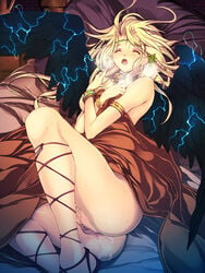 angel angel_wings ankle_lace-up armlet ass bed blanket blonde_hair blush bracelet breath censored closed_eyes covering head_wreath jewelry long_hair lying necklace nude_cover on_side open_mouth pillow pubic_hair shijimi_(osumashi) sweat vagina wings