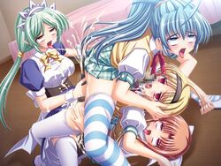 4girls censored clothing cum empty_eyes femsub futa_on_futa futa_with_futa futanari intersex lusterise maid multiple_girls multiple_subs orgy rolling_eyes saikyou_mahou_shoujo_arina school_uniform skirt stockings thighhighs tied_hair tongue tongue_out twintails