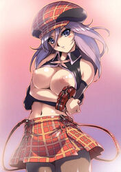 1girls alisa_ilinichina_amiella arisa_iriinchina_amieera blue_eyes bracelet breasts elbow_gloves female female_only fingerless_gloves gloves god_eater hat highres hisahiko jewelry large_breasts nipples pantyhose plaid plaid_skirt purple_eyes purple_hair skirt solo suspenders