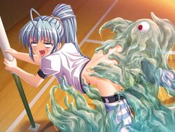 animated censored clothing endured_face gym_uniform lowres lusterise monster open_mouth peeing rolling_eyes saikyou_mahou_shoujo_arina slideshow slime stockings thighhighs tongue_out young