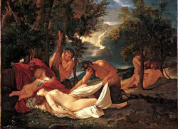 1boy 1girls ancient_greece female fictional_interracial fine_art greek_mythology human male mythology nicolas_poussin nymph outdoors satyr straight_hair tagme