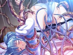 arms_behind_back bed clothing color frogtie imminent_rape lusterise open_mouth panties restrained saikyou_mahou_shoujo_arina shorts_down tentacles thighhighs top-down_bottom-up underwear