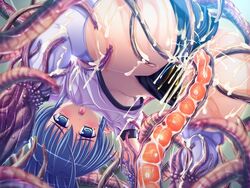 ahe_gao blue_eyes blue_hair censored clothing cum egg_implantation egg_laying gym_uniform lusterise open_mouth oviposition peeing saikyou_mahou_shoujo_arina tentacle tongue tongue_out