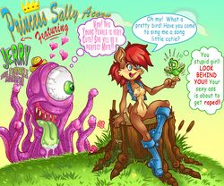 avian bird blue_eyes breasts color day dialogue english_text female fur green_eyes hair imminent_rape male nipples nude outdoors penis pussy red_hair sally_acorn sallyhot sega sonic_(series) tentacle text