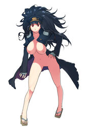 1girls bancho black_hair breasts daidouji_(senran_kagura) female g-room_honten geta hat large_breasts long_hair mole nipples no_pants no_pussy open_clothes red_eyes sandals senran_kagura senran_kagura_burst solo tengu-geta trenchcoat very_long_hair white_background