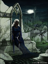 ancient_ruins brown_skin dark-skinned_female dark_elf dark_skin dress drow female night quellion shadow_elf solo_female svartalfar translucent white_hair