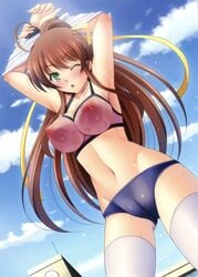 bra brown_hair buruma cameltoe female female_only green_eyes long_hair narutaki_shin nipples open_mouth oppai panties pointy_chin see-through see-through_bra solo thighhighs undressing