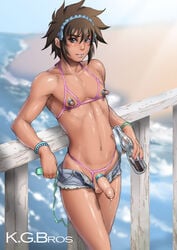 1boy 1femboy androgynous beach blush bracelet brown_eyes brown_hair cock_ring crossdressing crotchless cum cum_drip cumdrip cupless_bra erect_nipples exhibitionism femboy feminine feminine_male foreskin girly hairband highres jewelry k.g.bros kakugari_kyoudai long_nipples male male_only muscle nail_polish niku_ringo nikuringo nipple_rings nippleless_clothes nippleless_clothing nipples oily penis precum ring shiny_skin short_shorts shorts solo string strings trap uncensored unzipped vibrator wedding_ring yaoi yuuki_rin