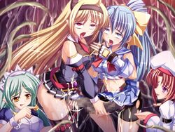 4girls bow censored clothing cum futanari handjob intersex lusterise maid midriff multiple_girls rolling_eyes saikyou_mahou_shoujo_arina skirt tentacle tentacle_pit tongue_out