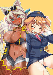 :q animal_ears aoi_manabu bikini_top blue_eyes blush breasts breath brown_hair cat_ears cat_tail choker dark_skin dog_ear dog_tail fish fishnets hat heart huge_breasts kaiten_muten-maru komai_(kaiten_muten-maru) long_hair multiple_girls panties police police_uniform pussy_juice shamu_meruruusa short_hair shorts tail thighhighs tongue underwear uniform unzipped white_hair white_panties wink yellow-framed_glasses