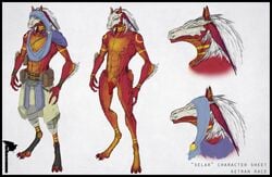 1boy alien anthro anthrofied avian backwards breasts claws clothing dinosaur dragon ear furry hair henna hood junk ketran long long_legs male male_only model_sheet nipples penis raptor raven_red red scalie solo tattoo white_hair