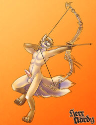 1boy 2011 anthro arrow balls bow bow_and_arrow canine fox fur furry glasses herraardy knot male male_only multiple_tails nude penis solo tail