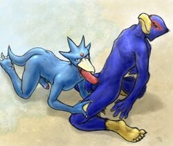 all_fours anthro avian beach beakjob big blue cum dripping duck falco_lombardi fellatio furry golduck hindpaw kneeling licking looking_at_viewer male multiple_males nude oral oral_sex paws penis pokemon precum sand sea seaside sex star_fox stiff tongue video_games water yaoi yellowpower