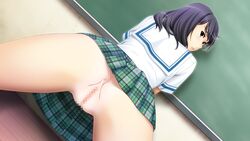 black_hair censored female female_only game_cg human ino nopan pussy seifuku short_hair sister_scheme_2 solo yanagawa_misaki