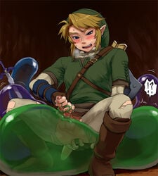 1boy anal anal_vore anus ass blonde_hair blue_eyes blush chuchu clothing handjob interspecies link link_(twilight_princess) male male_pred monster monster_on_male nintendo open_mouth penis pointy_ears shield shiwashiwa_no_kinchakubukuru slime smile spread_anus sweat sword testicles the_legend_of_zelda tunic twilight_princess vore weapon