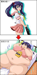 blue_eyes blue_hair breasts eating fat food highres large_breasts obese tetsujinex text tied_hair translation_request twintails weight_gain