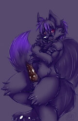 1boy anthro balls big_penis canine canine_penis crossed_arms erection feet fox fur furry inuki knot male male_only nude original_character paws penis purple_background purple_eyes purple_fur smile solo testicles text thick_penis watermark