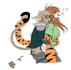 basitin blush bottomless brown_hair closed_eyes clothes drooling entwined_tails feline flora_(twokinds) from_behind furry interspecies keidran keith_keiser kitetsu long_hair looking_back mammal pants saliva sex shirt standing stripes tail tiger tongue twokinds