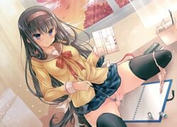 brush copyright_request fat_mons hairband hotei_kazuha jpeg_artifacts long_hair no_panties panties panties_around_one_leg panty_pull pussy pussy_juice school_uniform sitting thighhighs underwear