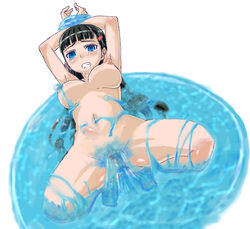 anal black_hair blue_eyes breasts clenched_teeth double_penetration female goo nude nururyun rape slime slime_monster stuck_in_slime submerged_feet tear vaginal_penetration