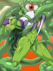 breasts capcom erect_nipples female fingerless_gloves gloves green_eyes green_hair green_skin gureko_rouman large_breasts leotard long_hair marvel marvel_comics marvel_vs._capcom marvel_vs._capcom_3 muscle pussy rape she-hulk shuma-gorath shuma_gorath straight_hair sweat tentacle