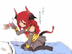 age_regression armor armored_dress black_gloves black_legwear blush bracelet censored demon_girl demon_tail elbow_gloves female futon gloves henoeno horns jewelry long_hair magic_penis maou_beluzel original pantyhose penis poking red_eyes red_hair sitting skirt skull solo_focus sweatdrop tail tissue_box v_arms veins veiny_penis wariza young yuusha_to_maou