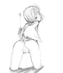 blush bottomless flower from_behind hair_flower hair_ornament hieda_no_akyuu kurokuro looking_back monochrome no_panties no_pants penis presenting pussy pussy_juice seductive_smile short_hair sketch smile spread_anus touhou uncensored