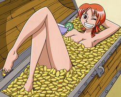 barefoot bath between_toes brown_eyes chadrocco coin coins drink feet female female_only money money_bath nami nude one_piece orange_hair pre-timeskip toe_grab toes treasure treasure_chest wink