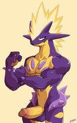 1boy 2019 abs amped_toxtricity anthro digital_media_(artwork) electricity erection eye_contact front_view half-closed_eyes hi_res humanoid_penis large_penis looking_at_viewer male male_only muscular muscular_male nintendo nude pecs penis pokémon_(species) pokemon pokemon_ss pokemorph simple_background sitting solo testicles text toxtricity video_games voviat watermark yellow_background