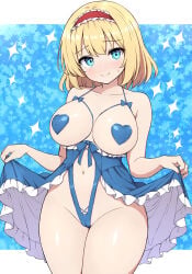 1girls alice_margatroid big_breasts blonde_hair blue_eyes breasts cameltoe female heart_pasties nipple_bulge pasties rizento solo swimsuit touhou