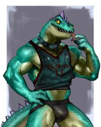 4:5 abs anthro bodily_fluids bulge clothing collar dagantfus dagantfus_(artist) facial_piercing forked_tongue front_view goat_(movie) green_body green_scales head_spikes hi_res komodo_dragon lip_piercing lizard male modo_olachenko monitor_lizard muscular muscular_anthro muscular_male pecs piercing reptile saliva scales scalie sharp_teeth shirt solo_male spiked_tail spikes spikes_(anatomy) standing tail tank_top teeth tongue tongue_out topwear torn_jockstrap yellow_eyes