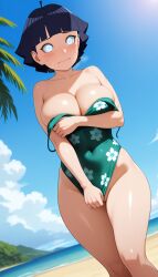 ai_generated bare_shoulders beach black_hair blue_eyes blue_sky blunt_bangs blush boruto:_naruto_next_generations boruto:_two_blue_vortex breasts casual_one-piece_swimsuit cleavage closed_mouth cloud collarbone covered_navel covering_privates day dutch_angle embarrassed facial_mark female floral_print hd large_breasts looking_at_viewer naruto naruto_(series) ocean one-piece_swimsuit outdoors short_hair shounen_jump sky solo standing swimsuit thighs uzumaki_himawari uzumaki_himri