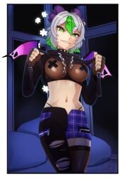 1girls artist_logo artist_name belly_button big_breasts biting_lip biting_own_lip breasts collar crop_top cross_pasties dog_collar female fingerless_gloves fishnet_armwear fishnet_clothing fishnet_shirt fishnet_topwear fishnets froot goth goth_girl green_eyes green_hair grey_hair hairclip horn_piercing horns huge_breasts indie_virtual_youtuber large_breasts looking_at_viewer midriff naughty_face navel nipple_pasties pale_skin pants pantyhose pasties ripped_clothing ripped_pants round_breasts seductive seductive_look seductive_pose seductive_smile sexy_pose shirt_lift shirt_up short_hair shorts smile solo spiked_collar stomach straps thighhighs thong_straps tomboy torn_clothes torn_legwear torn_pants tummy underboob uneven_legwear virtual_youtuber vtuber wings