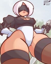 1girls black_blindfold black_visor blindfold bob_cut breasts female female_focus female_only leotard light-skinned_female light_skin nier:_automata puffy_sleeves sasaartroom short_hair slim_waist solo solo_female solo_focus thick thick_legs thick_thighs thighhighs thighs virtuous_contract visor voluptuous_female white_hair white_leotard wide_hips yorha_2b