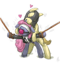 bent_over blindfold bondage bound closed_eyes clothing female friendship_is_magic gag heart kissing male masked my_little_pony pink_hair rope sex smooth_skin socks standing suit tail velvet