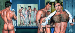 2011 6+boys 7boys archived_source artist_logo ass balls black_hair blonde_hair blue_eyes dated flaccid gay hairy light_skin male male_only multiple_boys muscular nipples penis pubic_hair rick_chris_(artist) traditional_media yaoi