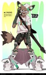 adidas anthro backwards_baseball_cap backwards_hat baseball_cap brown_body brown_fur canid canine clothed clothing dog_tags ear_piercing eyewear fennec_fox fishnet_clothing fishnet_underwear footwear fox fur genital_tattoo genitals grey_body grey_fur guitar hat headgear headwear kingvermilion male mammal musical_instrument partially_clothed piercing plucked_string_instrument pose sagging_pants shoes sneakers socks solo speech_bubble string_instrument sunglasses tattoo text text_on_clothing tongue tongue_out true_fox typography underwear