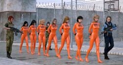 10girls 3d assault_rifle bodysuit bondage clothed_bondage coffle fantasytubasa fully_clothed fully_clothed_female gun latex_bodysuit multiple_girls orange_bodysuit original prisoner