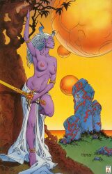 1987 alien_world ankh anklet armlet armpits blue_horns breasts demon_girl fantasy fantasy_world female gems grass hip_bones holding_sword holding_tree horns loincloth long_hair looking_afar looking_aside nipples no_body_hair no_pupils one_arm_up one_knee_up outside philippe_caza pointy_ears purple_skin ribcage round_breasts side_slit signature skirt solo stone sword tiptoes topless traditional_media_(artwork) tree white_hair white_loincloth white_sclera white_skirt year yellow_sky