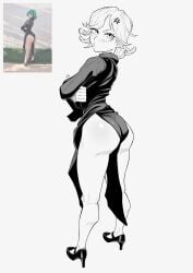 1girls 2026 2d 2d_(artwork) anger_vein angry artist_signature ass big_ass blush cosplay csr_ap07 curly_hair dress female female_only greyscale high_heels legs light-skinned_female light_skin looking_at_viewer looking_back me1adinha_(cosplay_artist) monochrome one-punch_man questionable real_person reference_image short_hair simple_background solo solo_female standing tatsumaki tatsumaki_(cosplay) thighs white_background